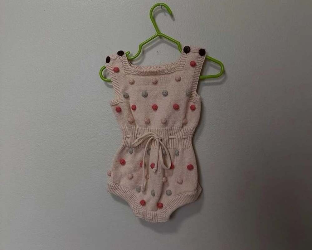 Baby Girl Knit Pom Pom Romper with Tie Waist